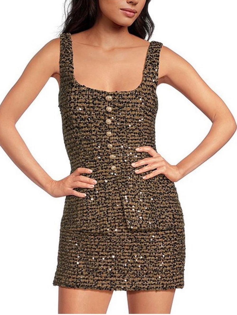 Gianni Bini Metallic Tweed Sequin Button-Front Square Neck Vest Top Size 8